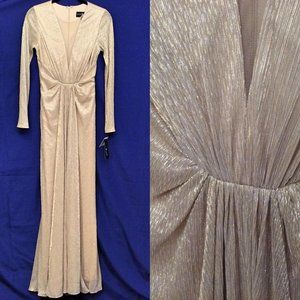NWT Betsy & Adam Gold Silver Metallic Maxi Gown sz-6 Plunge Mesh V-Neck Slit LS